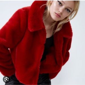 Zara Red Fake Fur Cropped Jacket - worn once in perfect condition